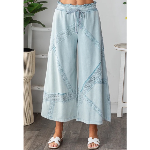 "The Leigha" Light Blue Lace Trim Wide Leg Pants - Picture 2 of 5